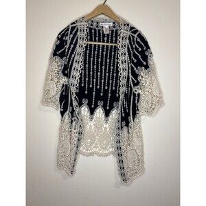 London Kaye Short Sleeve Crochet Embroidered Kimono OS Boho Black Festival